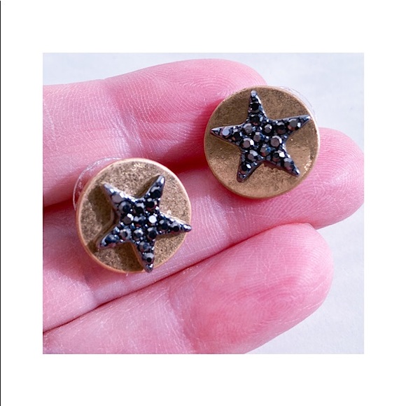 Earrings Star Round Disc Black Crystal Pave Golden - Picture 5 of 7
